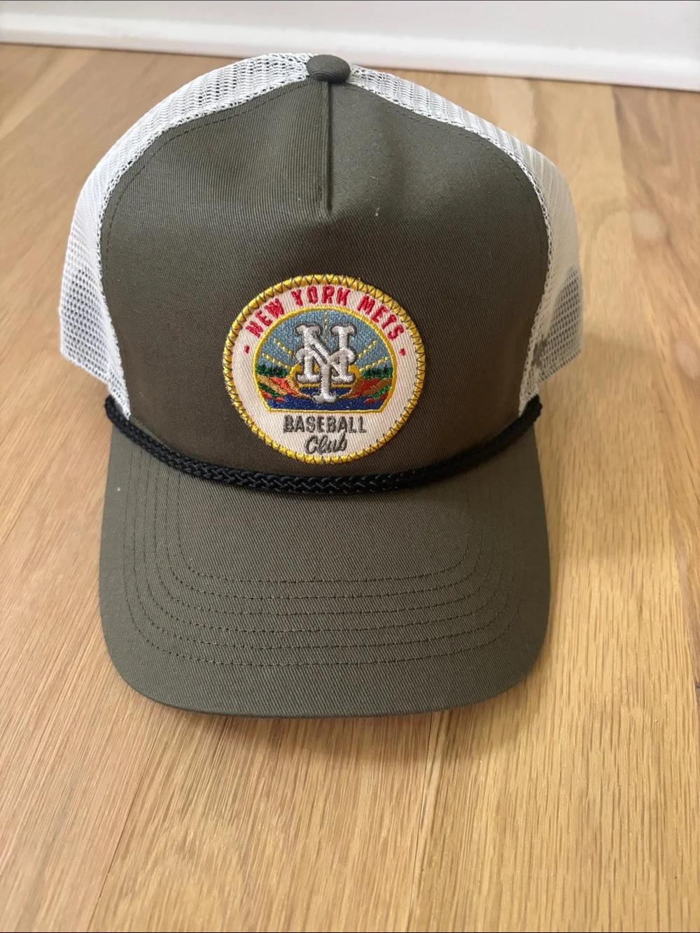 Olive and White Trucker Hat with Embroidered Mets Patch